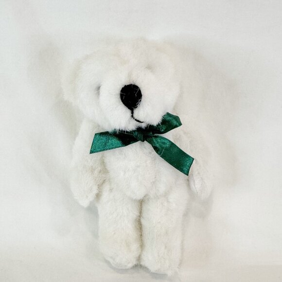 Little White Bear Jointed Arms & Legs w Green Bow Stuffed Animal Plush Teddy - Picture 1 of 4